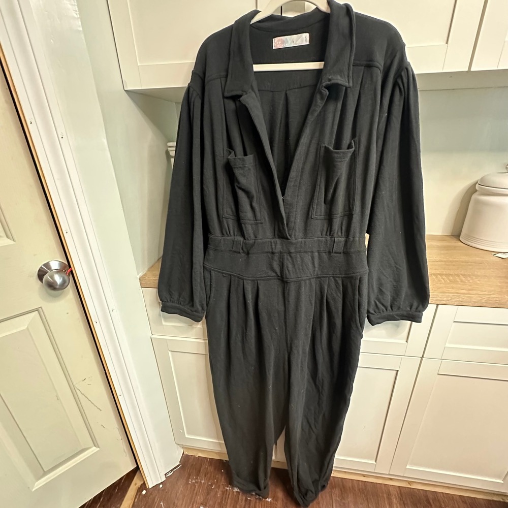 Free People Beach Faye Jumpsuit Womens L Black Long Sleeve Utility Relaxed Boho - Picture 2 of 16